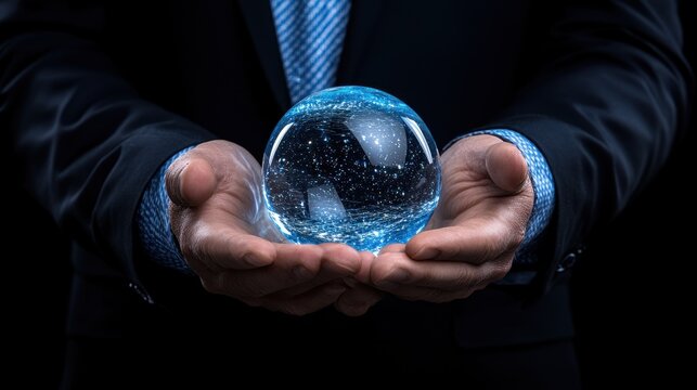 Businessman Holding Crystal Ball with Starry Sky Reflection