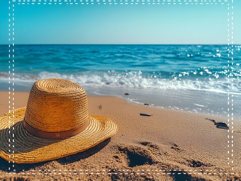 A golden straw hat rests on a sandy beach near a tranquil turquoise ocean under a vibrant summer sky.