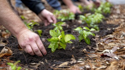 Community Volunteers Planting Young Saplings in Soil to Promote Environmental Sustainability and Green Spaces in Urban Areas