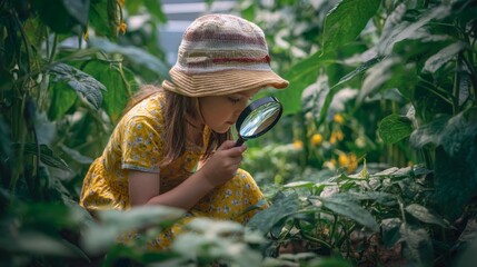 Curious child exploring garden with magnifying glass, wearing a sun hat and yellow dress, surrounded by lush green plants