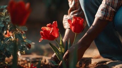 Close-up of person planting vibrant red tulips in a garden during golden hour, showcasing the beauty of nature and gardening joy