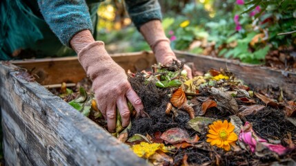 Hands of a gardener mixing organic compost with colorful autumn leaves and flowers in a wooden raised garden bed
