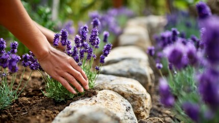 Hand Tending Lavender Plants in a Flower Bed Surrounded by Stones, Capturing the Beauty of Nature and Gardening Techniques