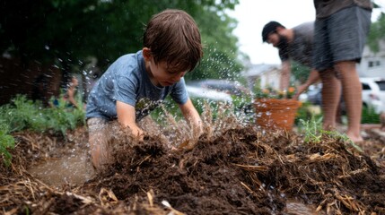 Child Playing in Mud During Rainy Day, Joyful Experience in Backyard, Water Splashing, Family Fun Outdoors