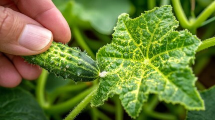 Hand Holding Fresh Cucumber on Green Leaf in Garden, Close-Up of Organic Vegetable Cultivation, Healthy Food Concept