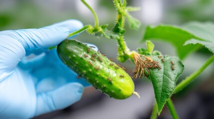 Close-up of Hand in Blue Glove Holding Cucumber Infested with Insects on Plant in Greenhouse Environment
