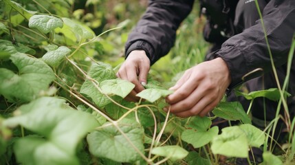 Hands Tenderly Caring for Vibrant Green Leaves in Nature's Lush Environment