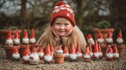 Charming Young Girl Surrounded by Colorful Garden Gnomes with Red Hats in a Beautiful Outdoor Setting