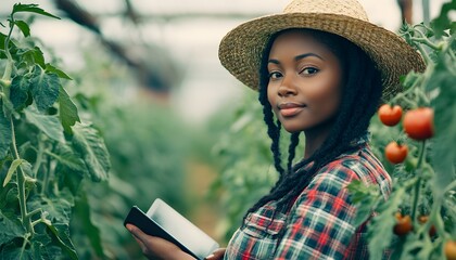 Fototapeta premium Woman in greenhouse examining plants and holding a tablet.