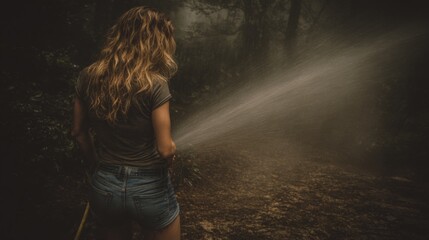 Young woman watering plants in a misty forest, showcasing a serene connection with nature amidst lush greenery and soft light