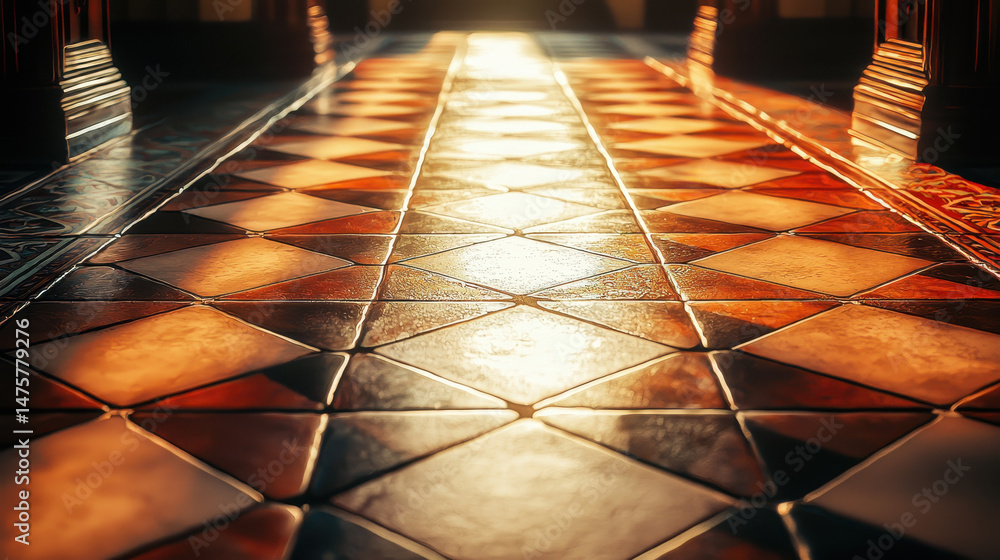 Poster close-up of geometrically intricate colorful tiles on a vintage floor with diamond pattern reflectin