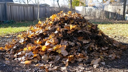 Obraz premium Vibrant Pile of Autumn Leaves in a Backyard Landscape Capturing the Essence of Fall's Colors and Textures in a Serene Natural Setting