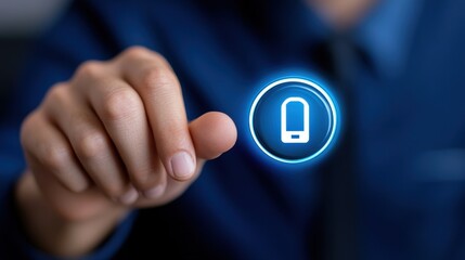 Person Touching Digital Button with Mobile Device Icon in Blue Glow