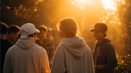 Group of Friends Gathering Outdoors at Sunset, Enjoying Each Other's Company in a Warm and Cozy Atmosphere