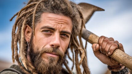 Young man with dreadlocks holding a shovel against a blue sky showcasing strength and connection to nature in outdoor setting
