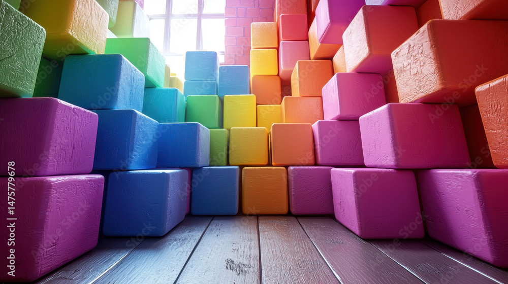Poster brightly colored geometric blocks are playfully arranged to create a vibrant and cheerful scene with