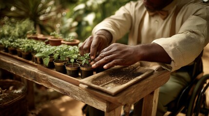 Person in wheelchair nurturing plants in a vibrant garden during an outdoor planting session, showcasing care and dedication