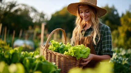 Young woman harvesting fresh greens in a sunny garden, wearing straw hat and apron, enjoying organic farming lifestyle