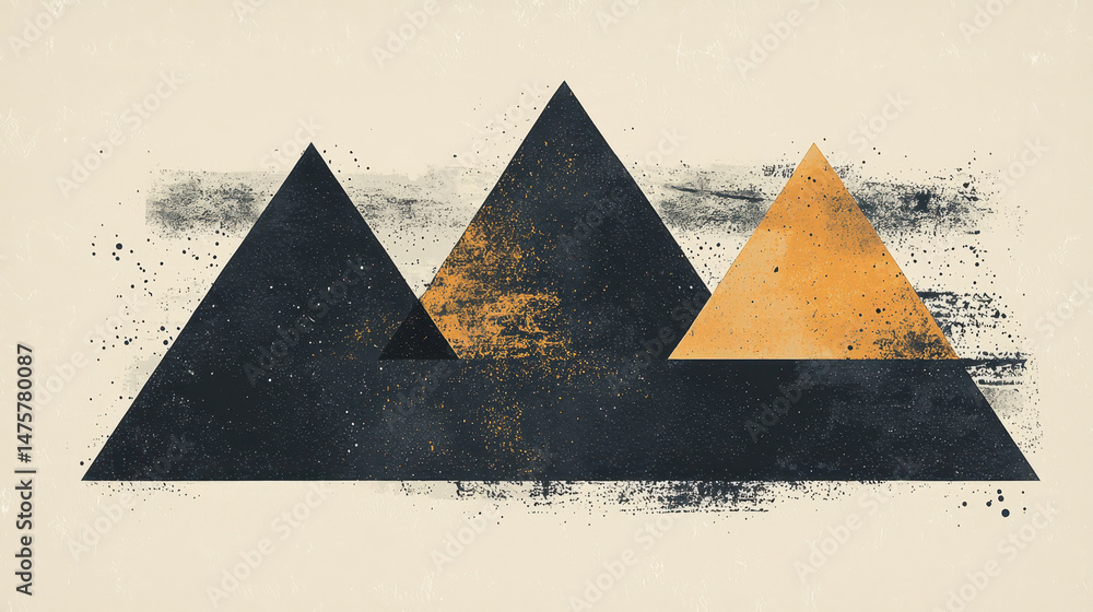 Poster bold black triangles overlap, contrasted by gold, creating a dynamic geometric design with textured 