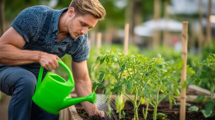 Young man caring for green plants in garden, watering tomato seedlings with bright green watering can during sunny day