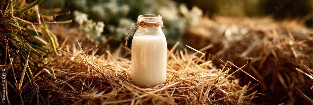 Poster fresh goat milk in a glass bottle resting on straw with soft light cast across the scene