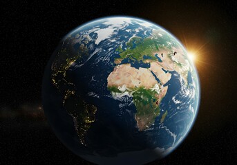 Fototapeta premium Stunning High-Resolution Image of Planet Earth from Space, Showcasing Continents, Oceans, and Sunrise