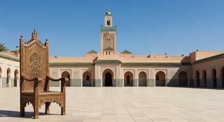 Fototapeta premium Ornate Wooden Throne in the Majestic Courtyard of the Mausoleum of Moulay Ismail, Meknes, Morocco