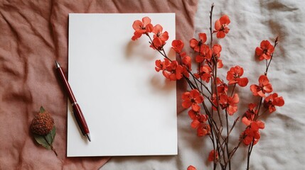 Obraz premium Minimalist White Greeting Card Mockup on Textured Fabric Surface