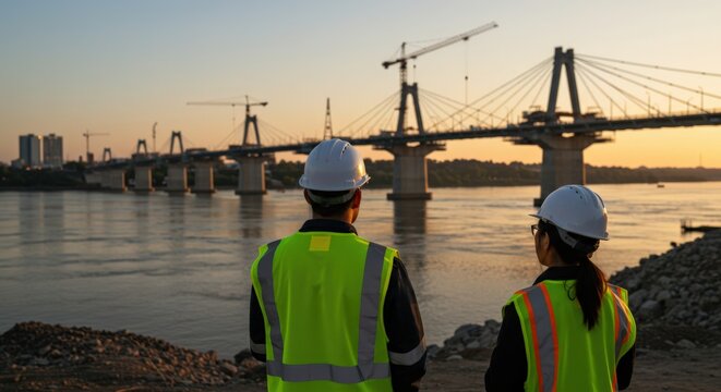 Two construction workers, a man and a woman in hard hats and safety vests, observe a large bridge under construction over a river at sunset.
