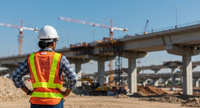 Rear view of a woman construction worker in a hard hat and safety vest overlooking a large highway and bridge construction site with cranes.