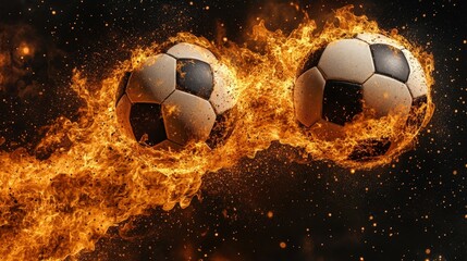 Fototapeta premium Dynamic Soccer Balls in Flames Creating a Stunning Visual Effect for Sports Enthusiasts and Graphic Designers Seeking Eye-Catching Imagery