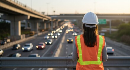 Rear view of a female engineer or construction worker wearing a hard hat and safety vest, observing busy highway traffic from an elevated bridge at sunset.
