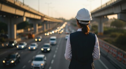 Rear view of an adult female civil engineer wearing a hard hat and vest, standing on an elevated structure and observing the flow of traffic on a busy highway during the warm light of sunset.