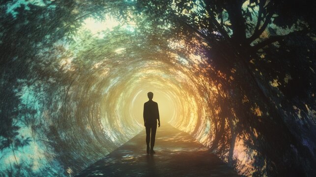 A solitary figure walks along a vibrant pathway towards a radiant light within a tunnel of trees.