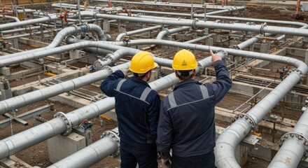 Two male engineers or workers in hard hats inspecting a complex network of large industrial pipes at a construction or energy site