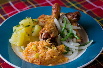 This appetizing photo presents a hearty chicken dish served with rice, vegetables, and potato, showcasing comfort food that brings warmth and satisfaction to the table.