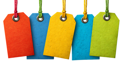 Colorful paper tags hanging from strings isolated on trasparent background