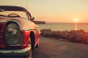 classic vintage car parked on coastal road at sunset, retro aesthetics, warm lighting, nostalgic atmosphere