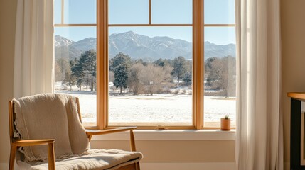 Cozy indoor scene showcasing a peaceful winter landscape through a bright window featuring mountains and a serene view of nature's beauty