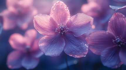 Close-up of delicate pink blooms with water droplets, soft focus, and dreamy light