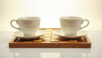 Fototapeta premium Chessboard and tea cups celebrating International Chess Day 