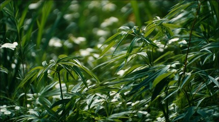 Naklejka premium Lush Green Plant Life in Natural Habitat with Delicate White Flowers Surrounded by Vibrant Green Foliage and Sunlight Reflections