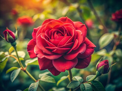 Stunning Close-up of a Deep Red Rosa Roter Korsar Rose Bloom in a Summer Garden