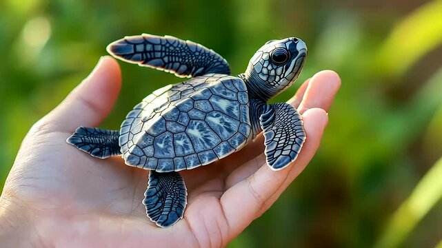 A tiny sea turtle hatchling being gently held in a person's hand against a blurred green background