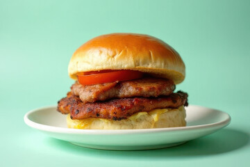 Tempting Pork Belly Bao: Fine Dining Delight on Mint Background with Gel Lighting