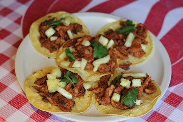 A plate of flavorful al pastor tacos filled with spicy ingredients, garnished with fresh toppings, representing the rich and diverse culinary heritage of Mexican cuisine.