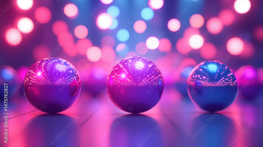 Poster abstract metallic spheres reflecting vibrant light create a dazzling visual effect suggesting the nu