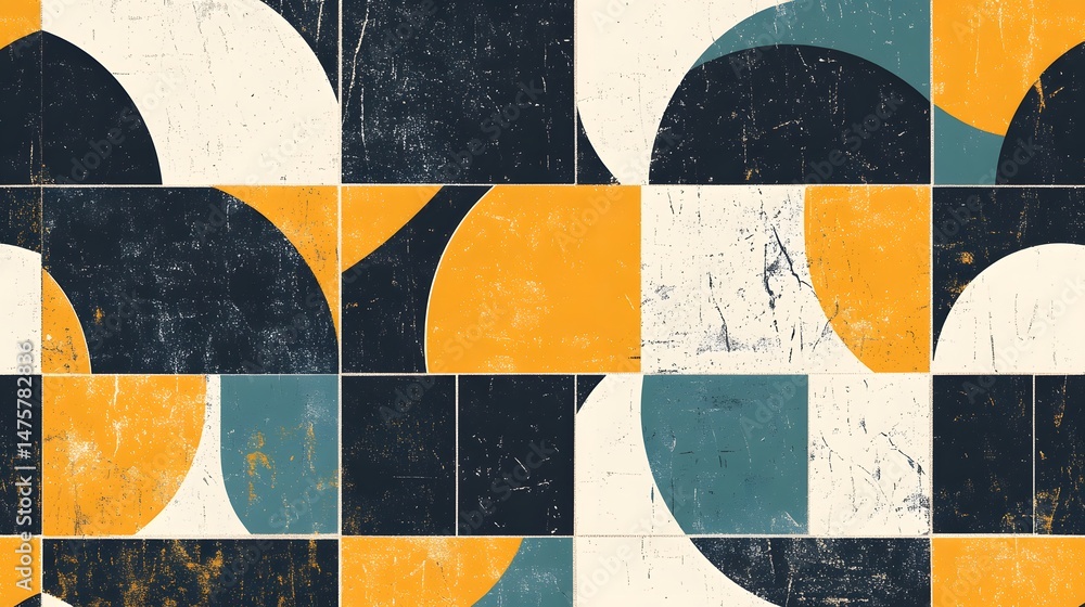 Poster geometric pattern with textured squares and circles.
