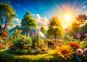 Summer Diorama: Double Exposure, Vibrant Colors, Sunlit Scene, Miniature Landscape