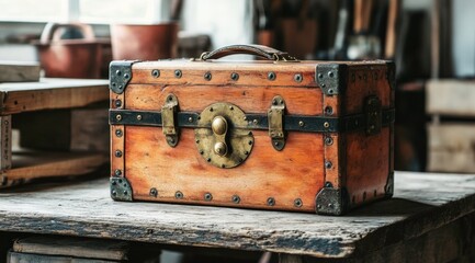 Vintage Wooden Treasure Chest with Brass Lock and Decorative Hardware in Rustic Workshop Setting, Highlighting Craftsmanship and Timeless Design